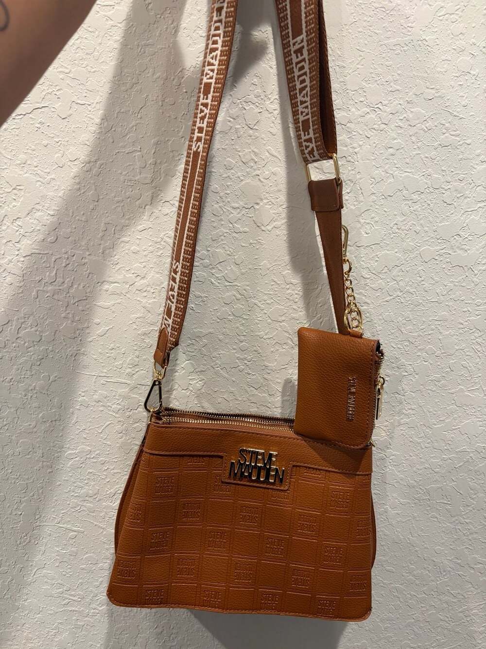 Steve Madden Brown Embossed Monogram Crossbody Bag with Coin Purse